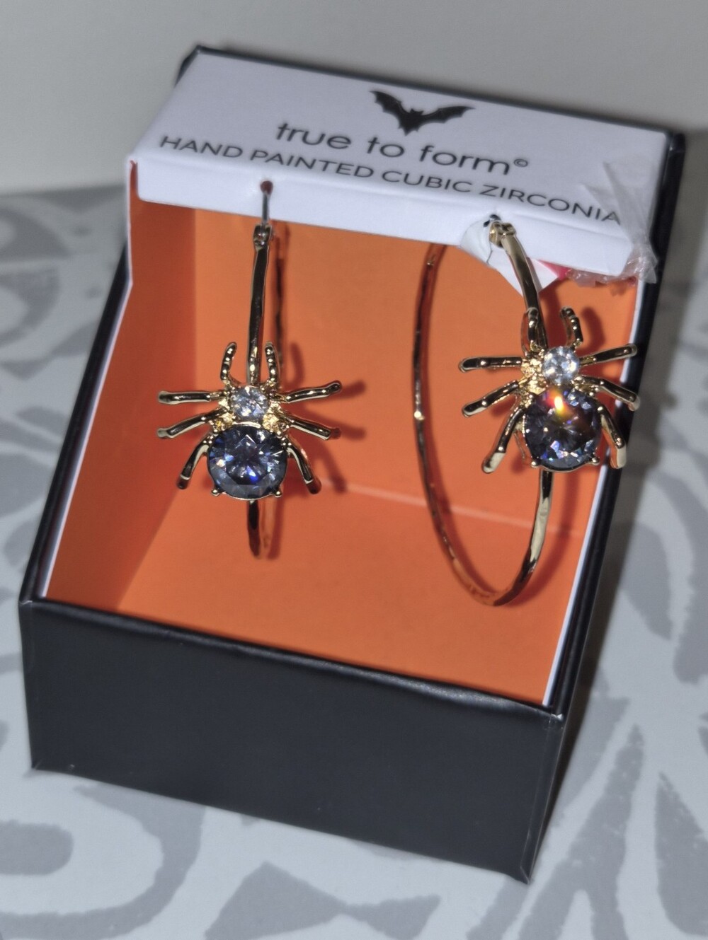 True to Form Crystal Spider Hoop Earrings Hand Painted CZ NIB